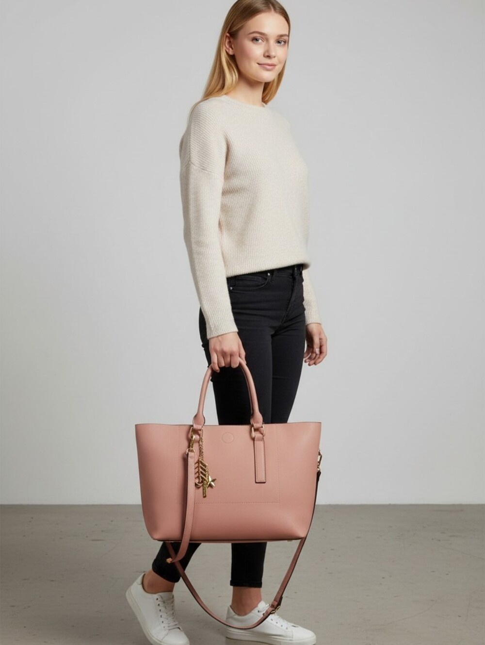 Women's Pink Tote Handbag with Gold Charm